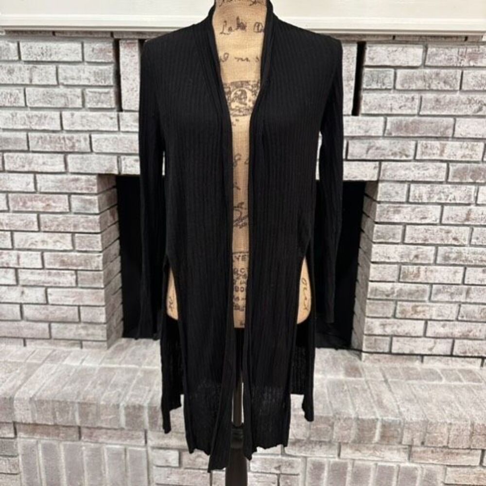 MM Lafleur Women's Ribbed Knit Open Front Duster Cardigan Sweater Black Small